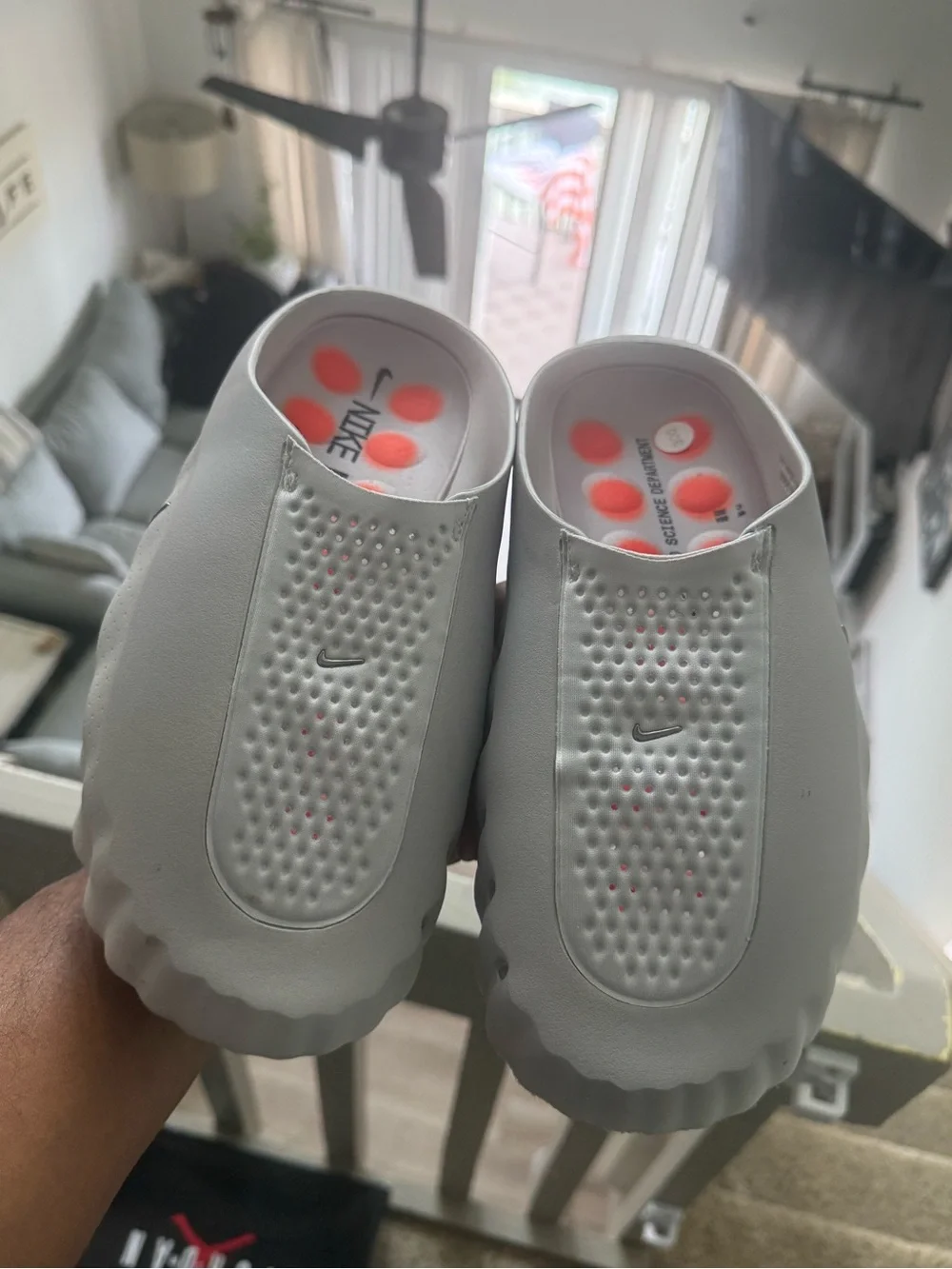 Nike Slip-On Clogs in Light Gray with Orange  Insole Dots